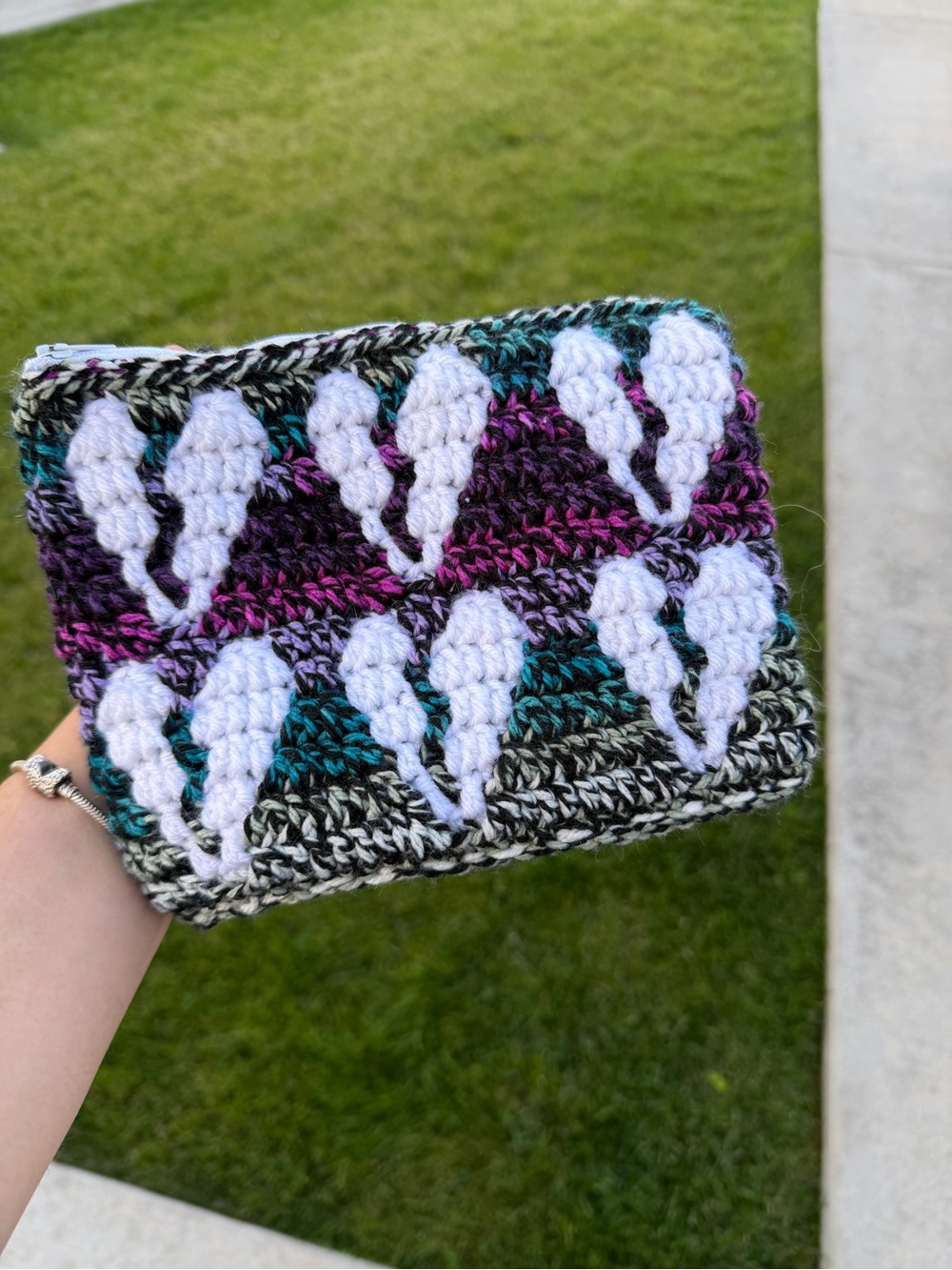 Handmade Multicolor Crochet zipper pouch with White broken hearts